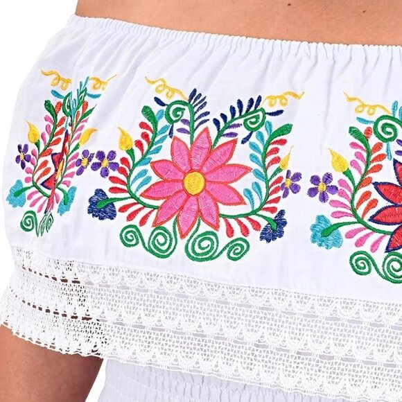 Mexican Off Shoulder White Dress Size Med Floral Embroidery Elastic Waist - Picture 2 of 3
